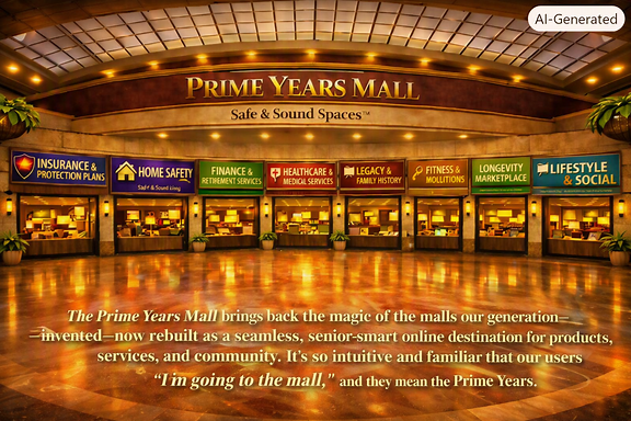 The Prime Years Mall concourse, lined with lit storefronts for each Safe and Sound Spaces department