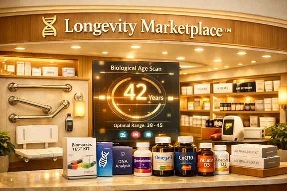 The Longevity Marketplace storefront, with a biological age scan display, testing kits, and supplements