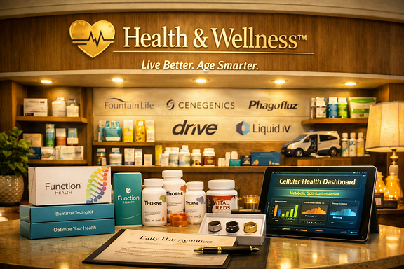The Health and Wellness storefront, with supplements, monitors, and a cellular health dashboard