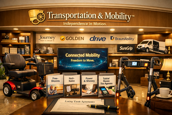The Transportation and Mobility storefront, with a power chair, accessible van, and connected mobility display