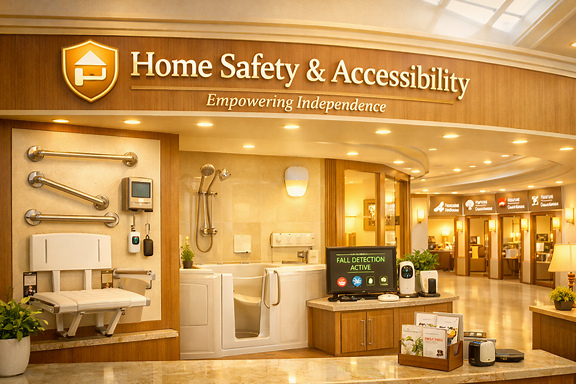 The Home Safety and Accessibility storefront, showing grab bars, a walk-in tub, and fall detection displays