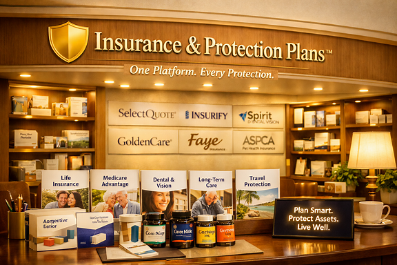 The Insurance and Protection Plans storefront, with Medicare, dental, and long-term care displays