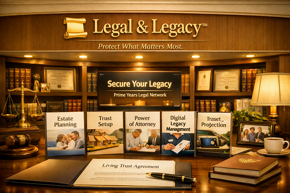 The Legal and Legacy storefront, with estate planning, trust setup, and power of attorney displays