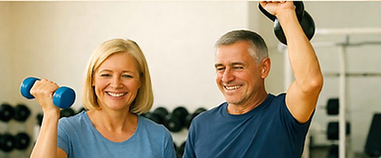 Active older couple exercising with light weights