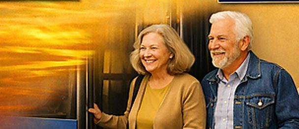Older couple out and about, moving with confidence