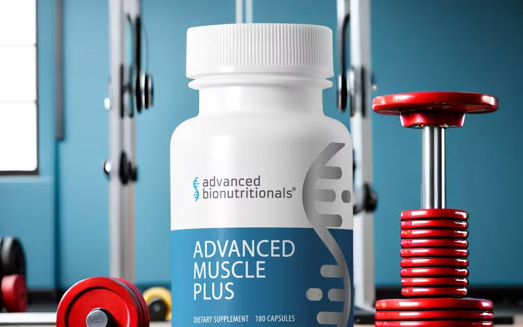 A bottle of Advanced Muscle Plus beside red dumbbells
