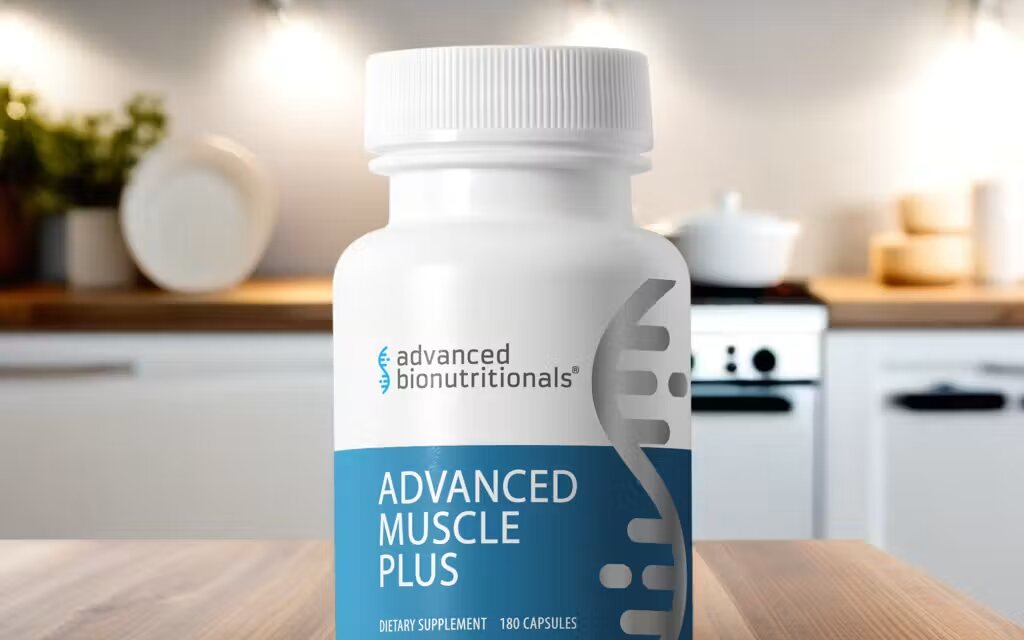 A bottle of Advanced Muscle Plus capsules on a kitchen counter